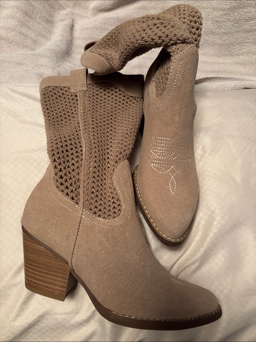 Target Taupe Faux Suede Knit Mid-Calf Heeled Boots